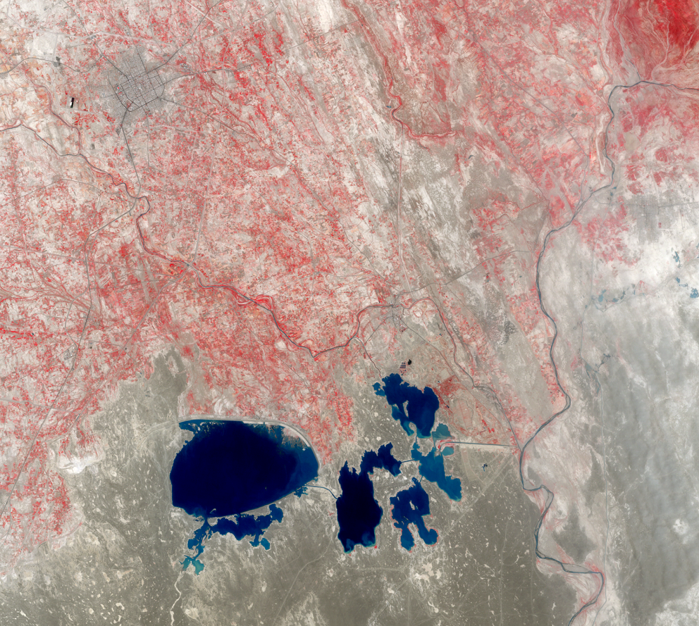 Aug. 3, 2009, Landsat 5 (path/row 157/38,39) — Zabol and Chah-Nimeh reservoirs, Iran