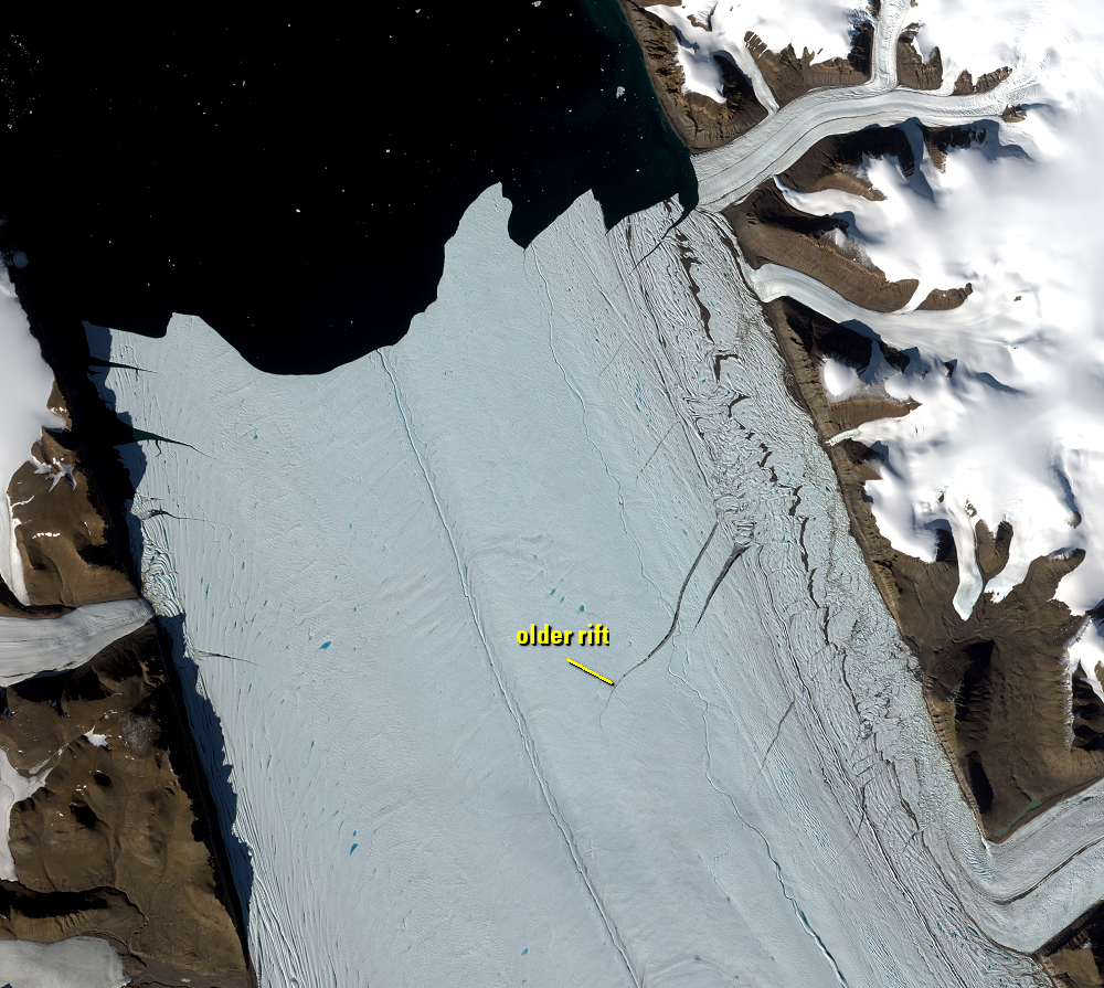 Aug. 7, 2016, Sentinel-2A — 2017 rift, Petermann Glacier, Greenland