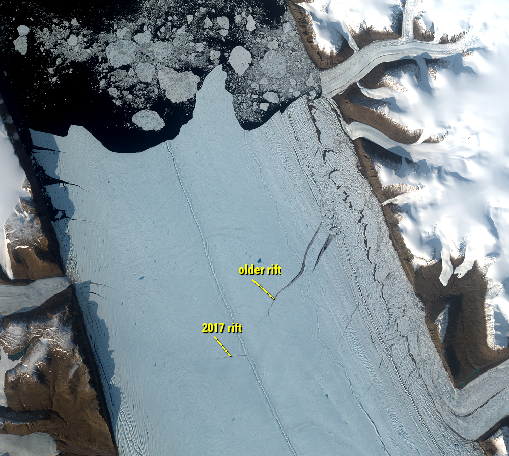 Aug. 18, 2017, Sentinel-2A — 2017 rift, Petermann Glacier, Greenland