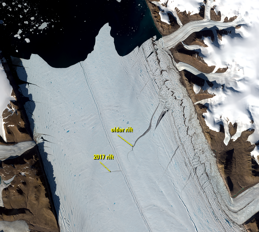 Aug. 19, 2018, Sentinel-2B — 2017 rift, Petermann Glacier, Greenland