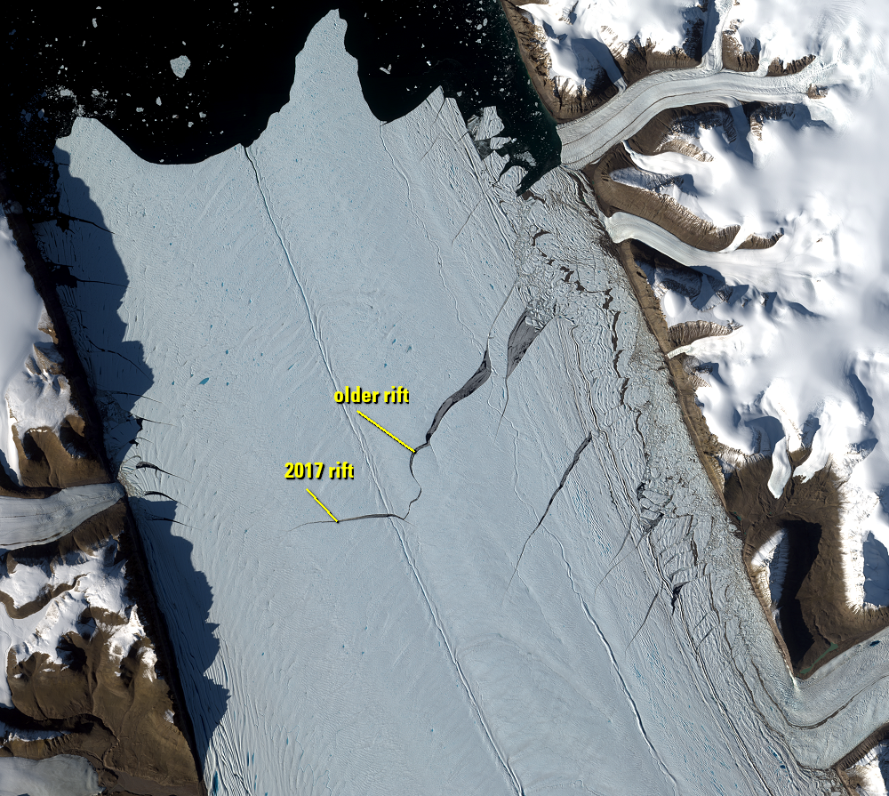 Aug. 16, 2020, Sentinel-2A — 2017 rift, Petermann Glacier, Greenland