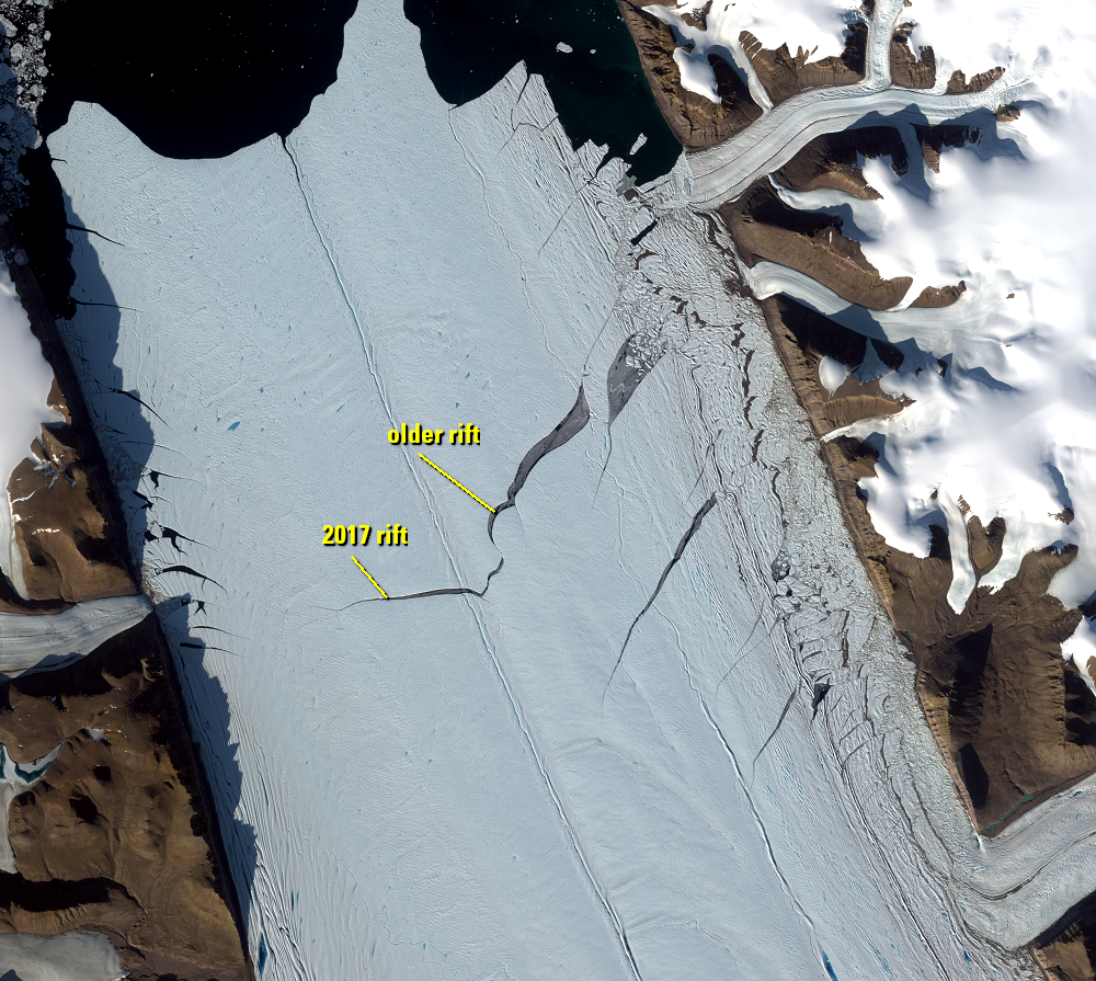 Aug. 23, 2021, Sentinel-2B — 2017 rift, Petermann Glacier, Greenland