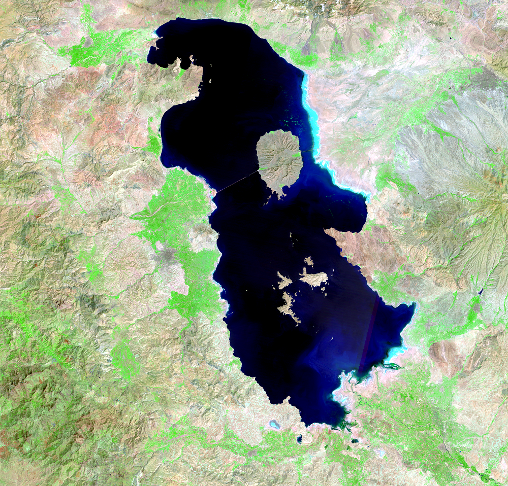 Aug. 25, Sep. 3, 1998, Landsat 5 (path/row 168,169/33,34) — Lake Urmia, Iran