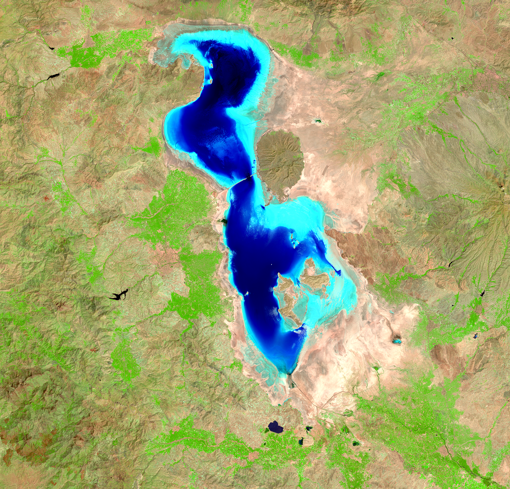 Aug. 16, 25, 2018, Landsat 8 (path/row 168,169/33,34) — Lake Urmia, Iran