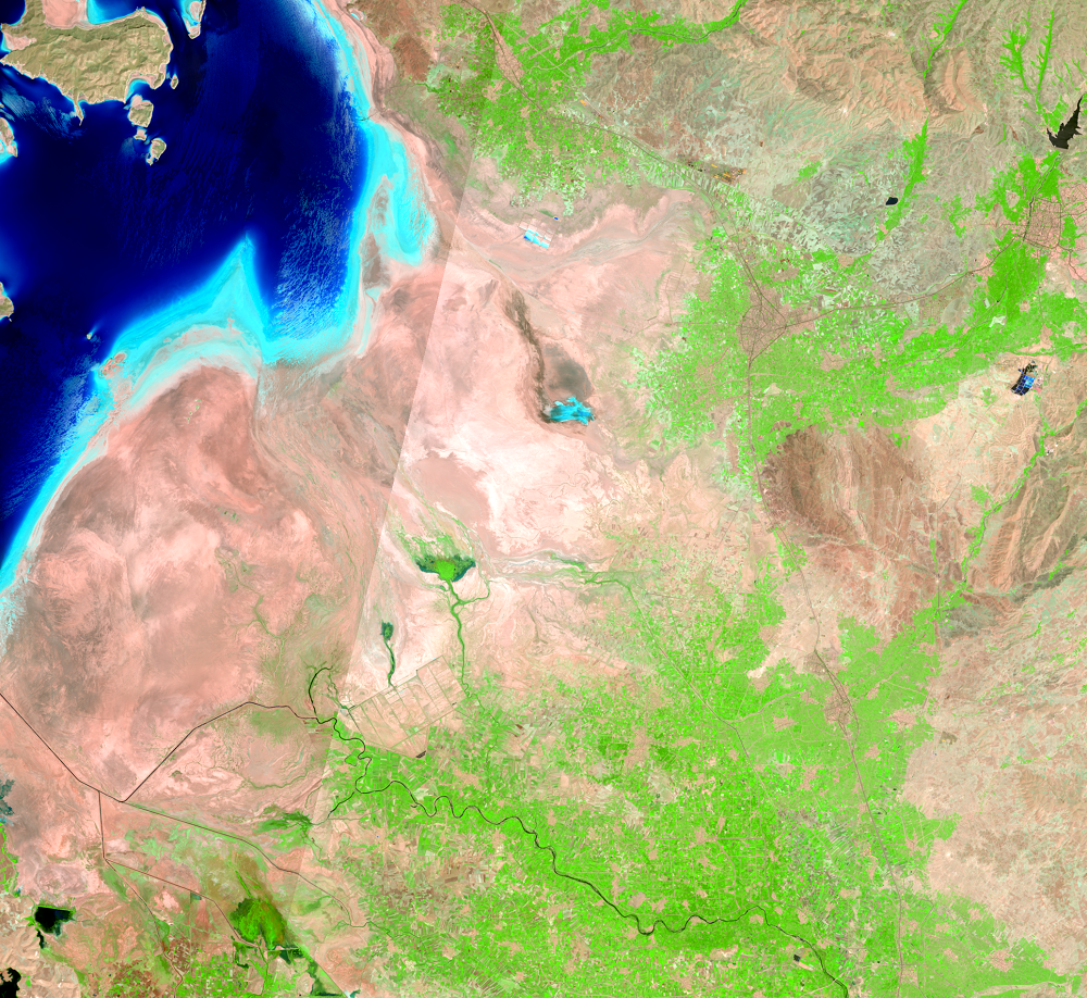 Aug. 12, Sep. 4, 2019, Landsat 8 (path/row 168,169/33,34) — southeastern shore of Lake Urmia, Iran