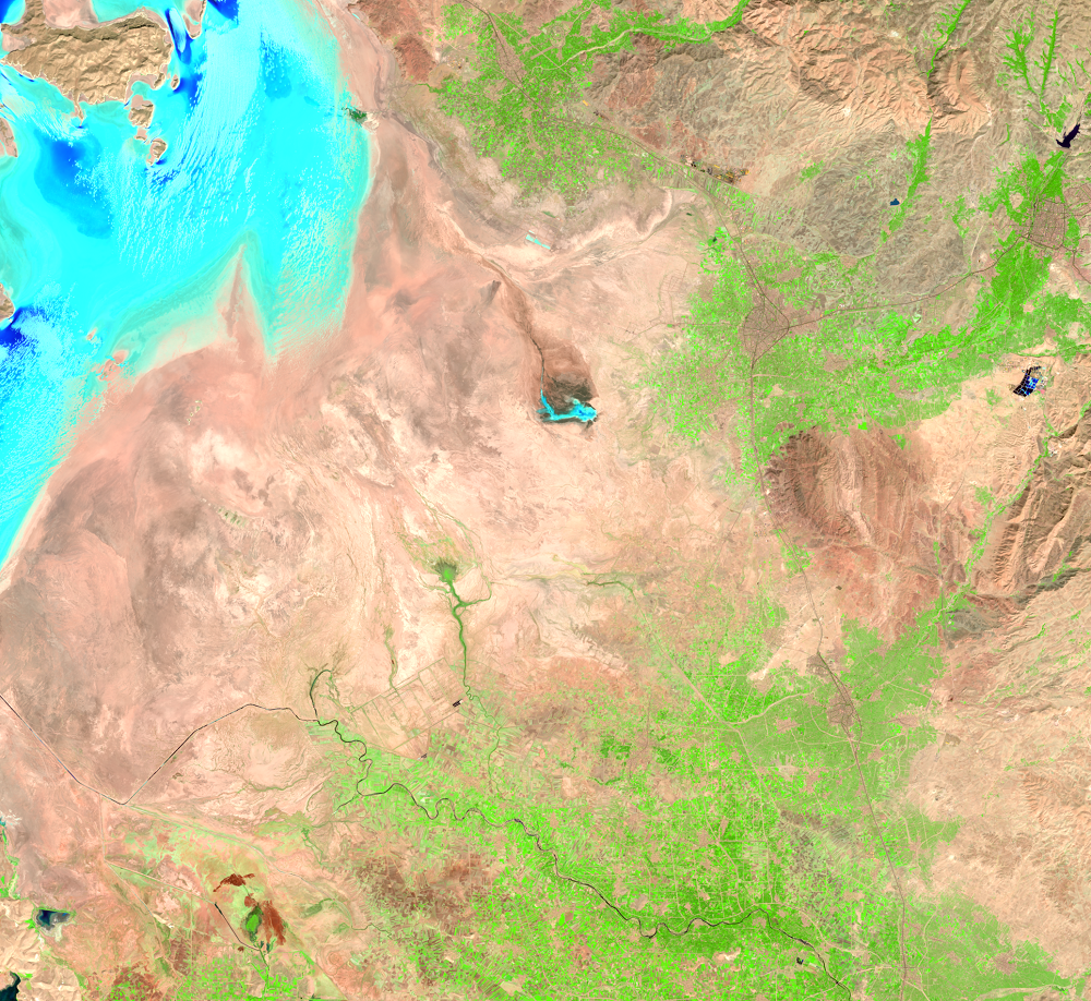 Oct. 4, 11, 2021, Landsat 8 (path/row 168,169/33,34) — southeastern shore of Lake Urmia, Iran