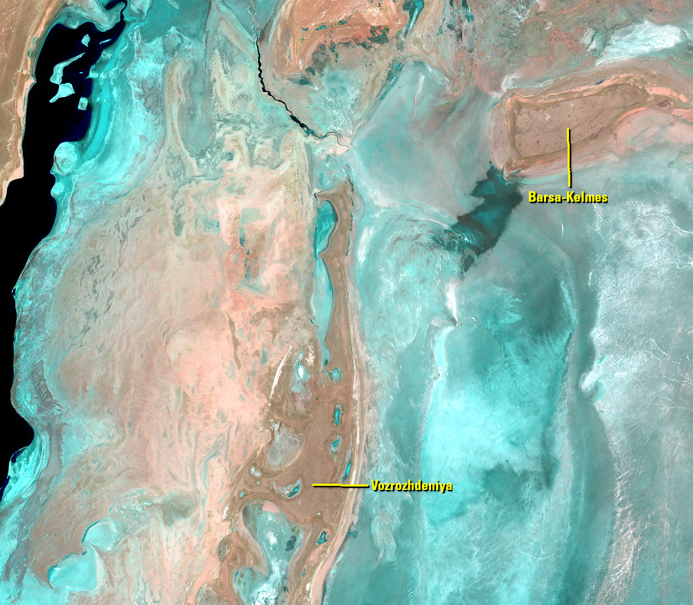 May 12, June 20, 22, 29, 2021, Landsat 8 (path/row 160–162/27–30) — former islands, Aral Sea