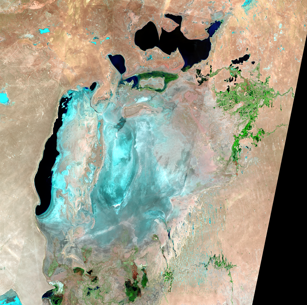 May 12, June 20, 22, 29, 2021, Landsat 8 (path/row 160–162/27–30) — Aral Sea