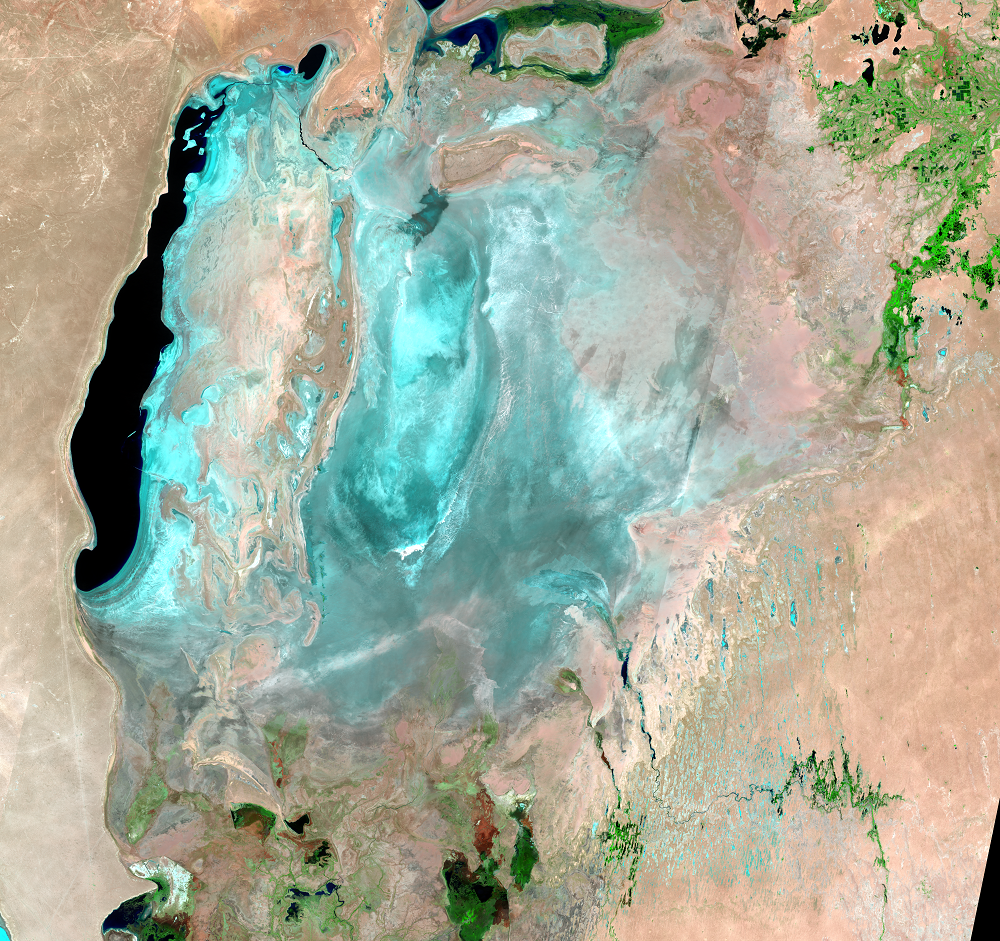 May 12, June 20, 22, 29, 2021, Landsat 8 (path/row 160–162/27–30) — South Aral Sea