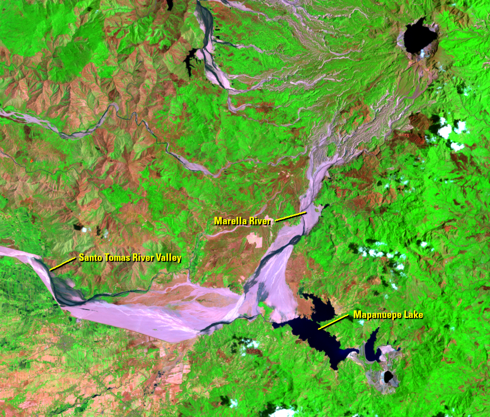 Apr. 3, 2002, Landsat 7 (path/row 116/50) — formation of Mapanuepe Lake, Philippines