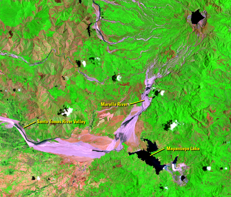 Apr. 25, 2007, Landsat 5 (path/row 116/50) — formation of Mapanuepe Lake, Philippines