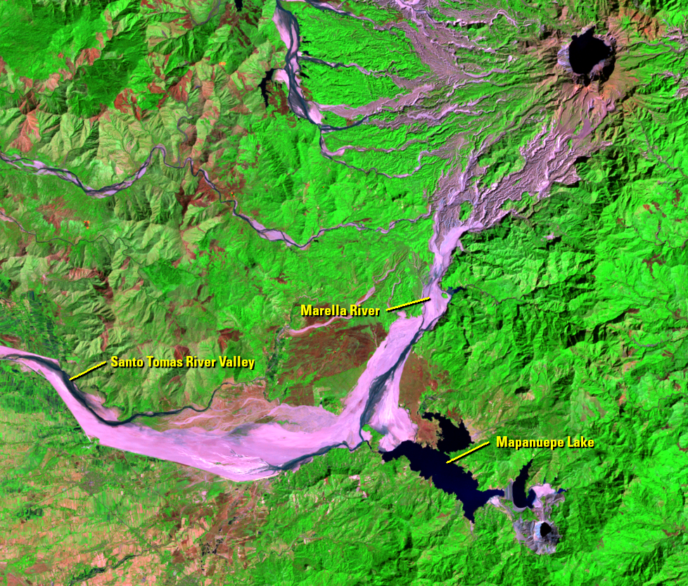 Feb. 14, 1999, Landsat 5 (path/row 116/50) — formation of Mapanuepe Lake, Philippines