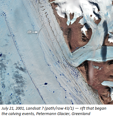 July 21, 2001, Landsat 7 (path/row 43/1) — rift that began the calving events, Petermann Glacier, Greenland
