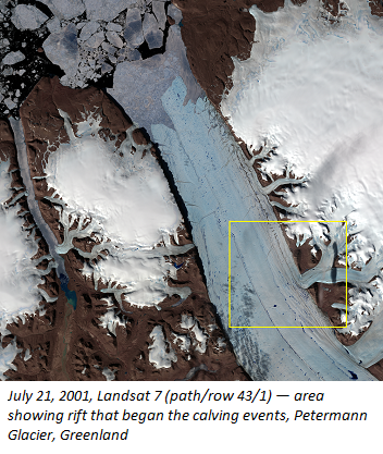 July 21, 2001, Landsat 7 (path/row 43/1) — area showing rift that began the calving events, Petermann Glacier, Greenland