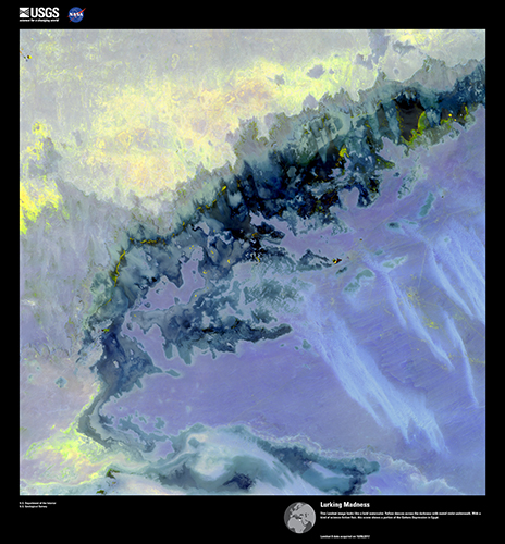 This Landsat image looks like a bold watercolor. Yellow dances across the darkness with muted violet underneath.