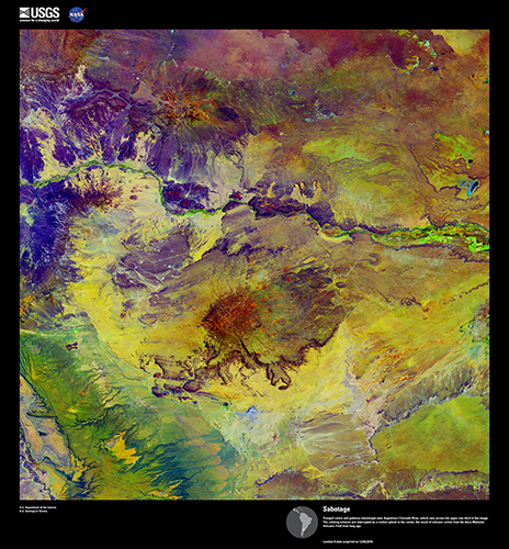 Tranquil colors and patterns intermingle near Argentina’s Colorado River, which runs across the upper one-third of the image.