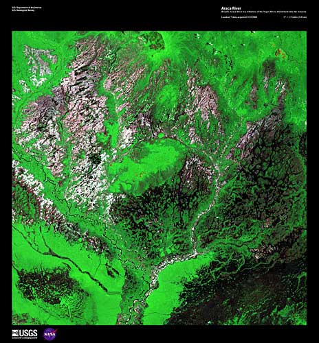 A predominately green satellite image of the Araca River and surrounding areas.