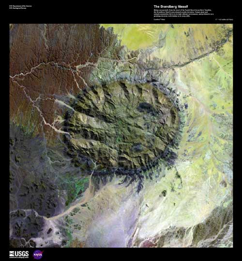 The Brandberg Massif appears as an approximate dark green circle in the middle of the image. It has many grooves and indentations.