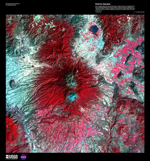 False color image of Colima Volcano. Two light blue peaks surrounded by red.