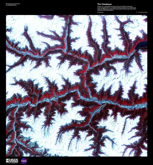 Major rivers of southwestern China and snow-capped peaks and ridges create an irregular red and white patchwork.