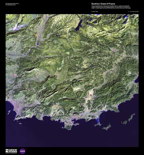 The Southern Coast of France. Predominately green with some gray. Blue ocean.