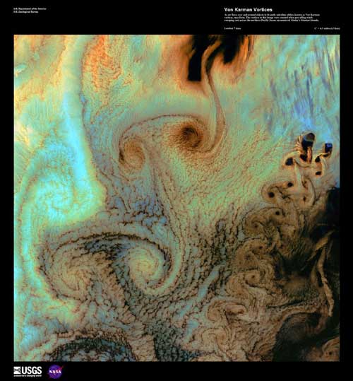 Karman Vortices formed in the brown, blue, green, and orange clouds.