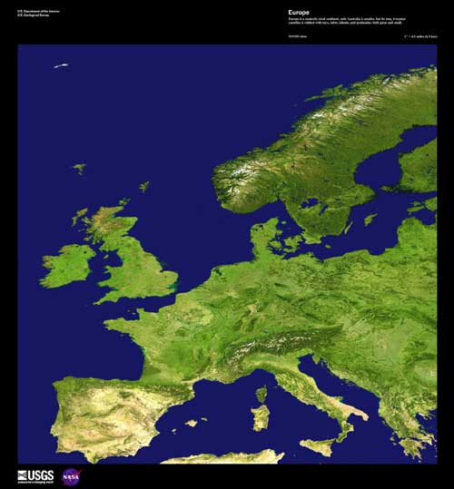 Europe's land shown with bright greens and the surrounding blue water