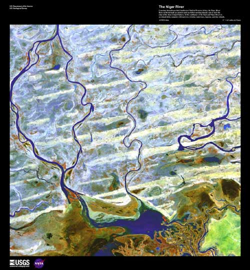 Blue rivers course through a colorful landscape
