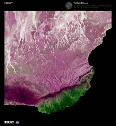 Pink land with flashing bolts of white. Small section of lush green is separated be a mountainous ridge.