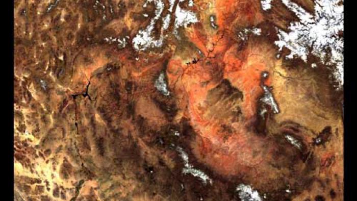 A brown satellite image of land. Presumably in North America.